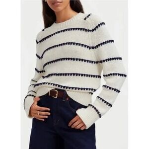 Madewell Womens Cream Navy Blue Striped Bobble Trim Cotton Knit Sweater Size M